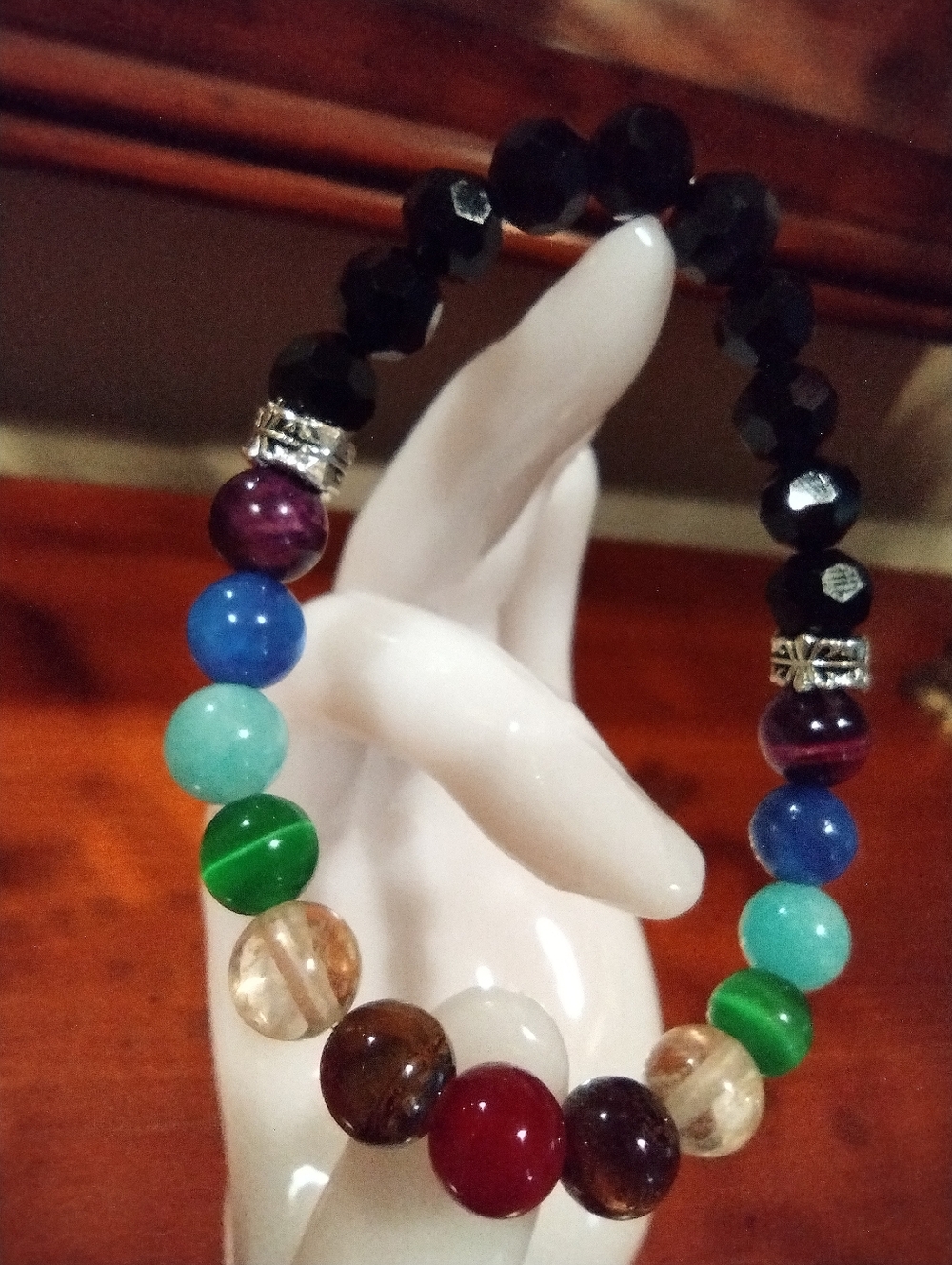 Men's double chakra gem beads (8mm) and black crystals bracelet